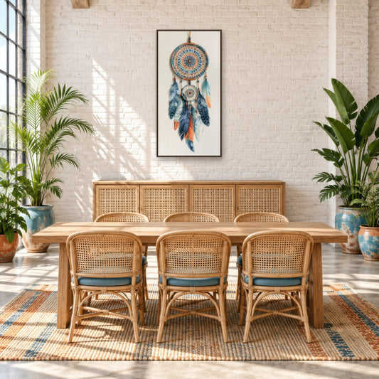 Indigo Dreamcatcher boho wall art in a dining room