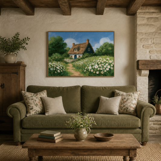 Thatched blue cottage above an olive green sofa beside a stone fireplace and antique cabinet