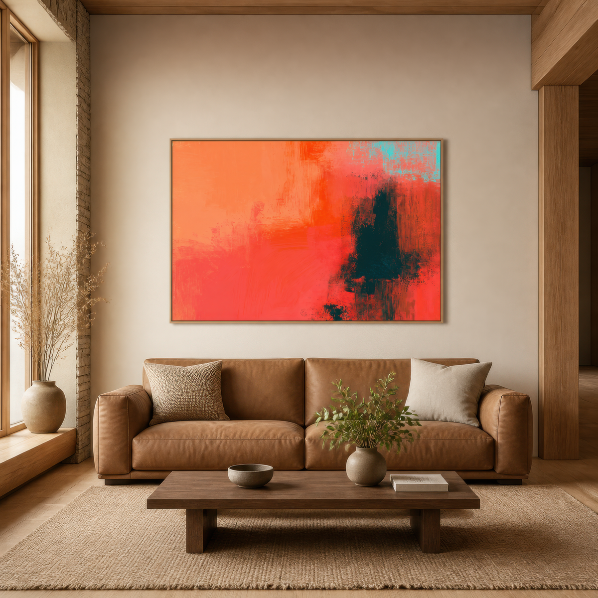 Large warm coral abstract artwork above a tan leather sofa in a warm living room