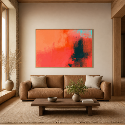 Large warm coral abstract artwork above a tan leather sofa in a warm living room