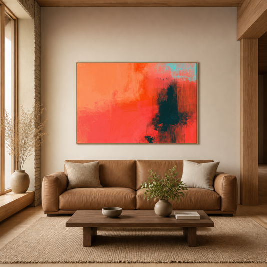 Large warm coral abstract artwork above a tan leather sofa in a warm living room