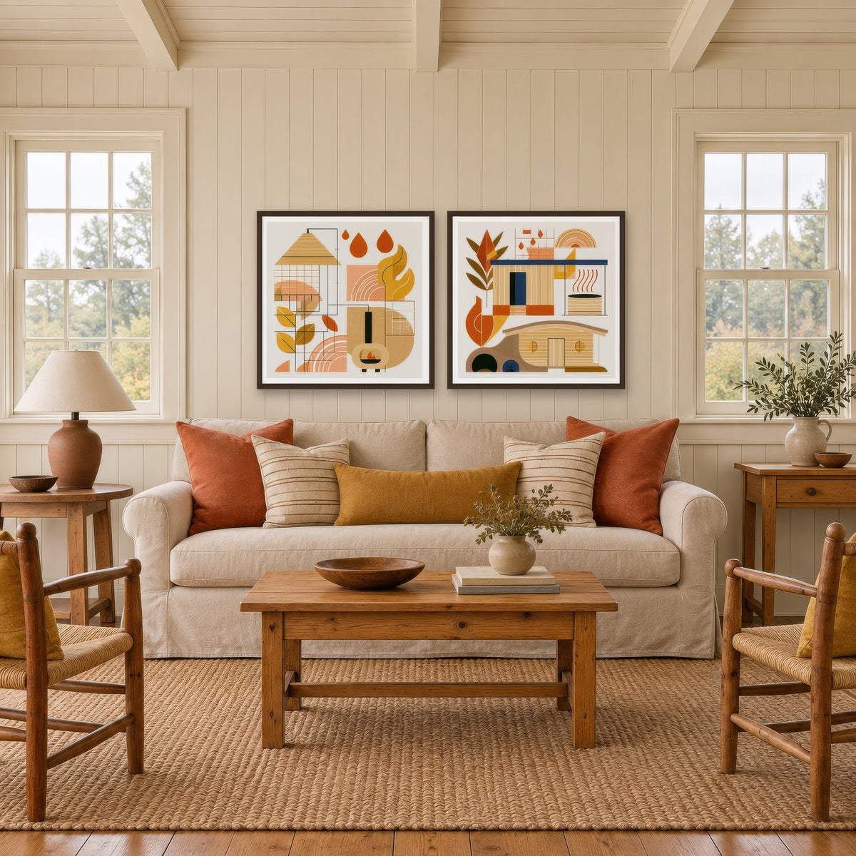 Autumn Geometric Study cottagecore wall art in a living room