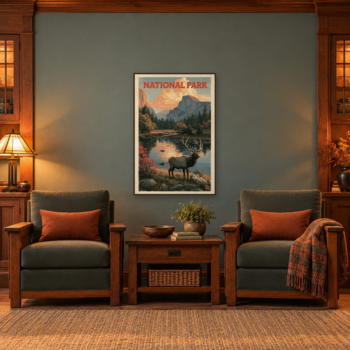 Half Dome Elk Vintage Poster national park wall art in a den