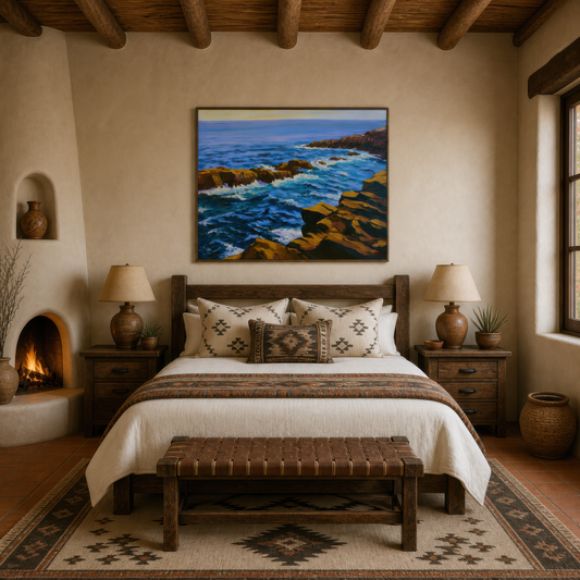 Rugged sea cliffs above a wood bed with cream bedding in an adobe room with a fireplace