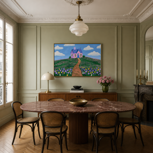Pink hilltop cottage above a round wood table with cane chairs in a sage green dining room