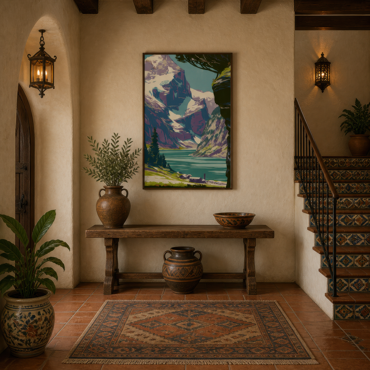 Alpine lake retro poster above a wood console in a plaster entryway with two lanterns