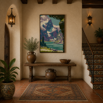 Alpine lake retro poster above a wood console in a plaster entryway with two lanterns