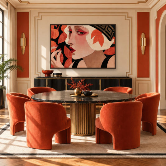 Deco Woman with Leaves art deco wall art in a dining room