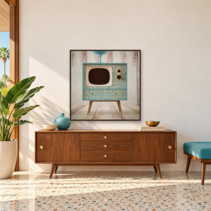 Retro TV Console on Whitewashed Wood mid-century modern wall art in an entryway