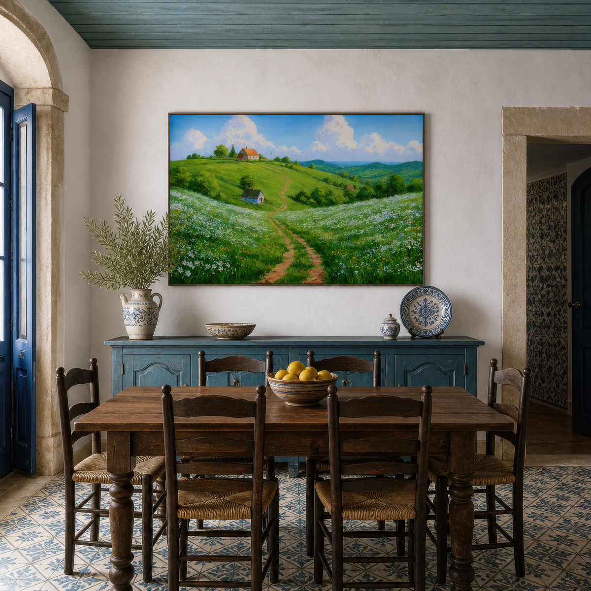 Hillside meadow above a blue sideboard in a dining room with blue doors