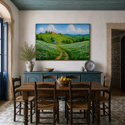 Hillside meadow above a blue sideboard in a dining room with blue doors