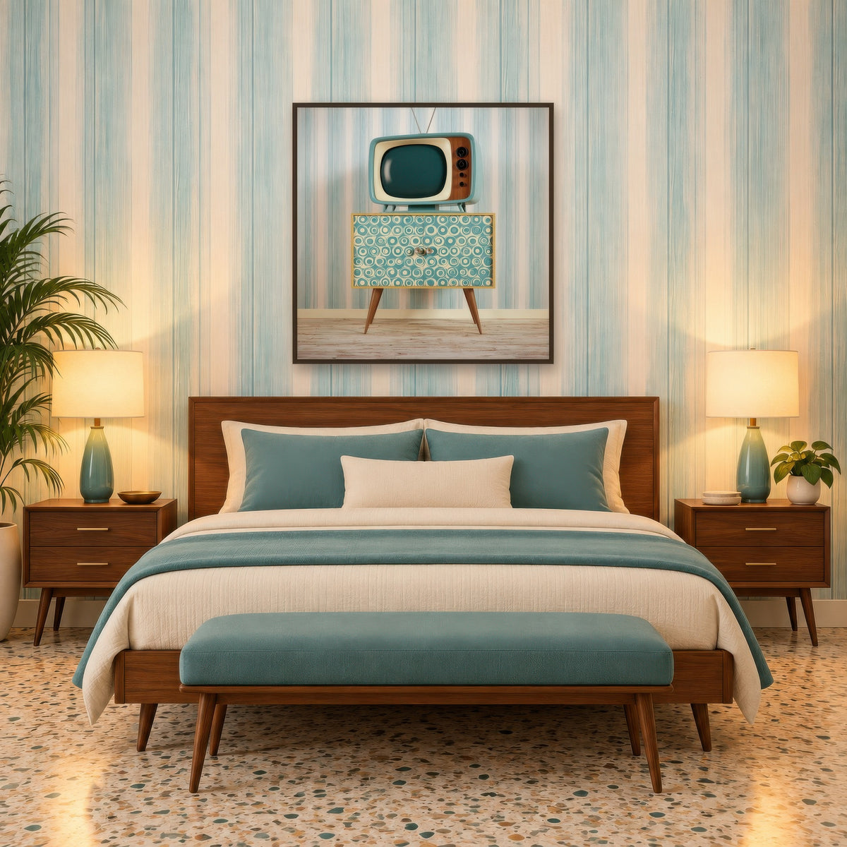 Teal Retro TV on a Patterned Cabinet mid-century modern wall art in a bedroom