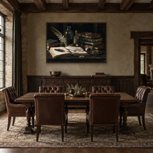 Ivy League Shadow dark academia wall art in a dining room