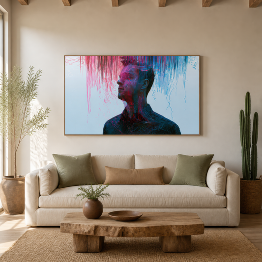 Color Drip Profile in Pink and Teal wall art staged in a living room