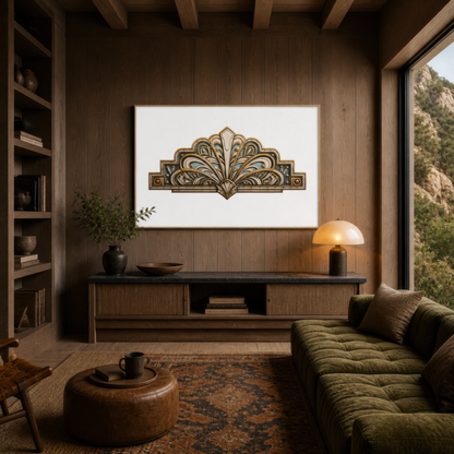 Gilded deco fan above a dark wood media console with an olive sofa and a leather pouf
