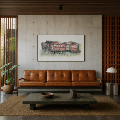 Abandoned Train Car Sketch wall art print, alternate room view