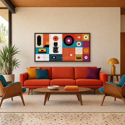 Vintage Gadgets and Circles Illustration mid-century modern wall art in a living room