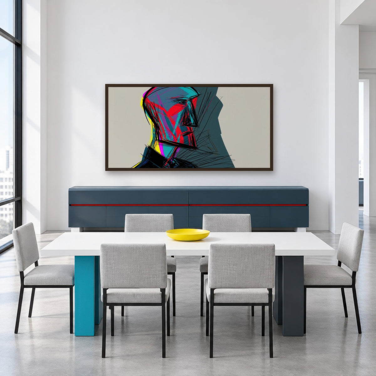 Red and Teal Profile Sketch abstract portrait wall art in a dining room