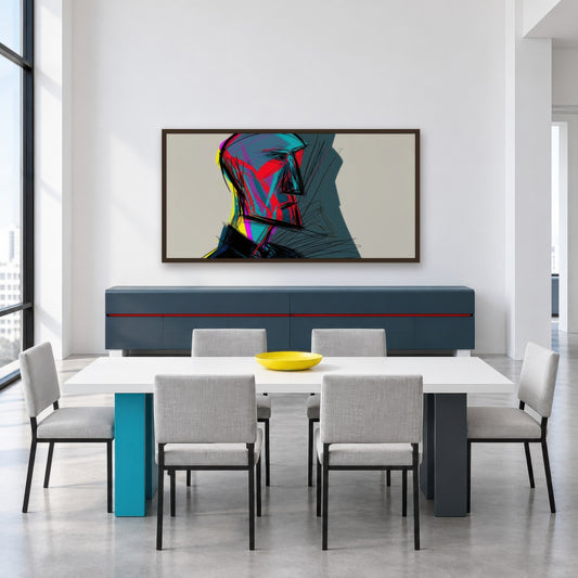 Red and Teal Profile Sketch abstract portrait wall art in a dining room