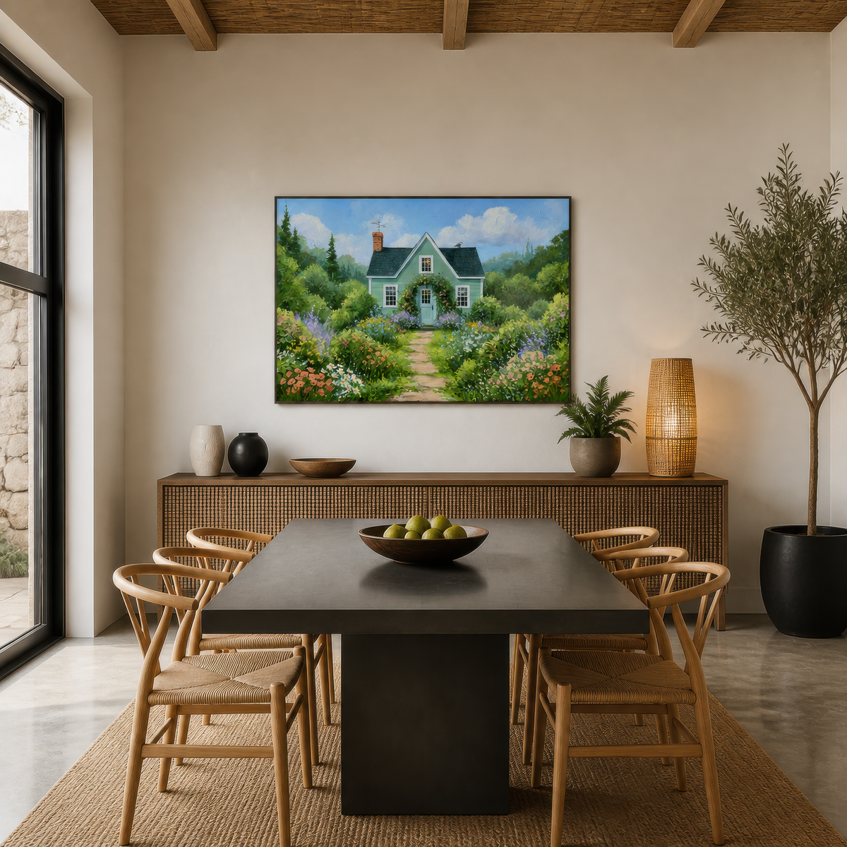 Sage cottage garden path above a dark dining table with cane chairs and a ribbed sideboard