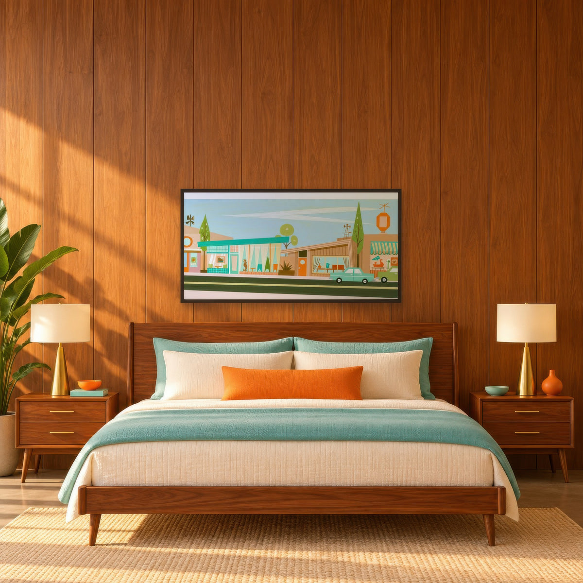 Retro Shopfront with a Teal Canopy mid-century modern wall art in a bedroom