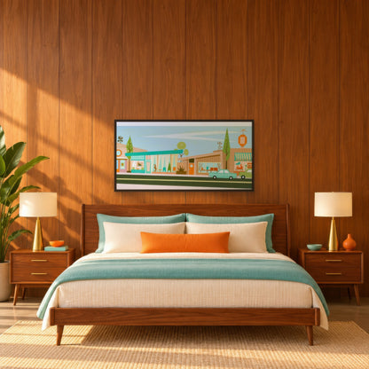 Retro Shopfront with a Teal Canopy mid-century modern wall art in a bedroom