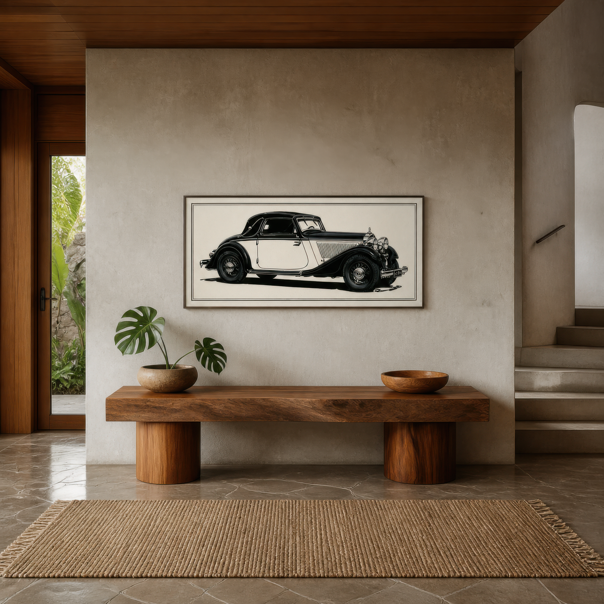 Vintage coupe sketch above a chunky wood console in an entryway with a jute rug and palms