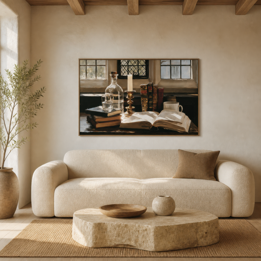 Books by the leaded window above a cream boucle sofa with a travertine coffee table and olive branches