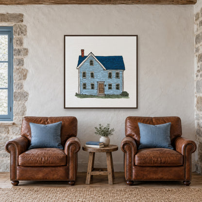 Blue Farmhouse Illustration farmhouse wall art in a den