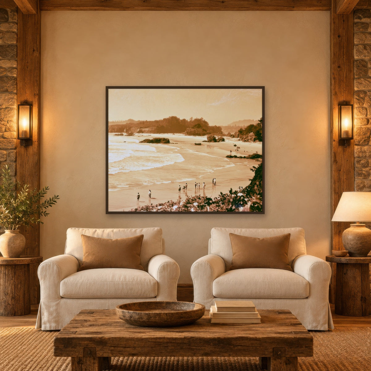 Vintage Style Coastal Cove in Sepia landscape wall art in a den