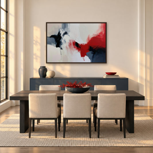 Vermilion Fold abstract wall art in a dining room