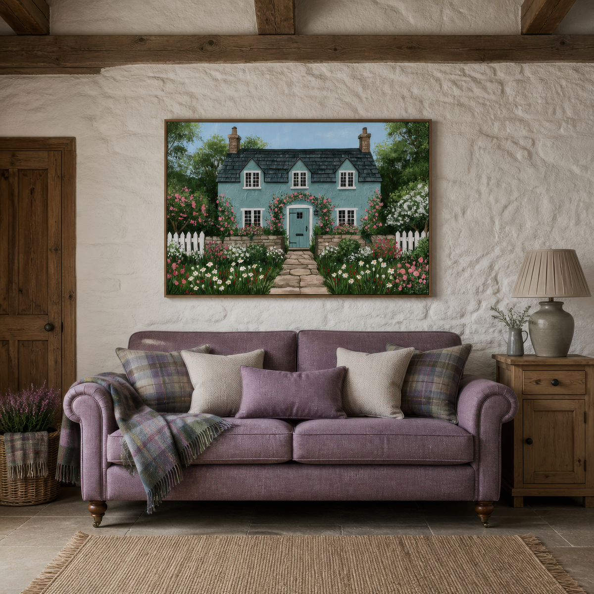 Rose arch cottage above a mauve sofa with plaid pillows on a white textured plaster wall
