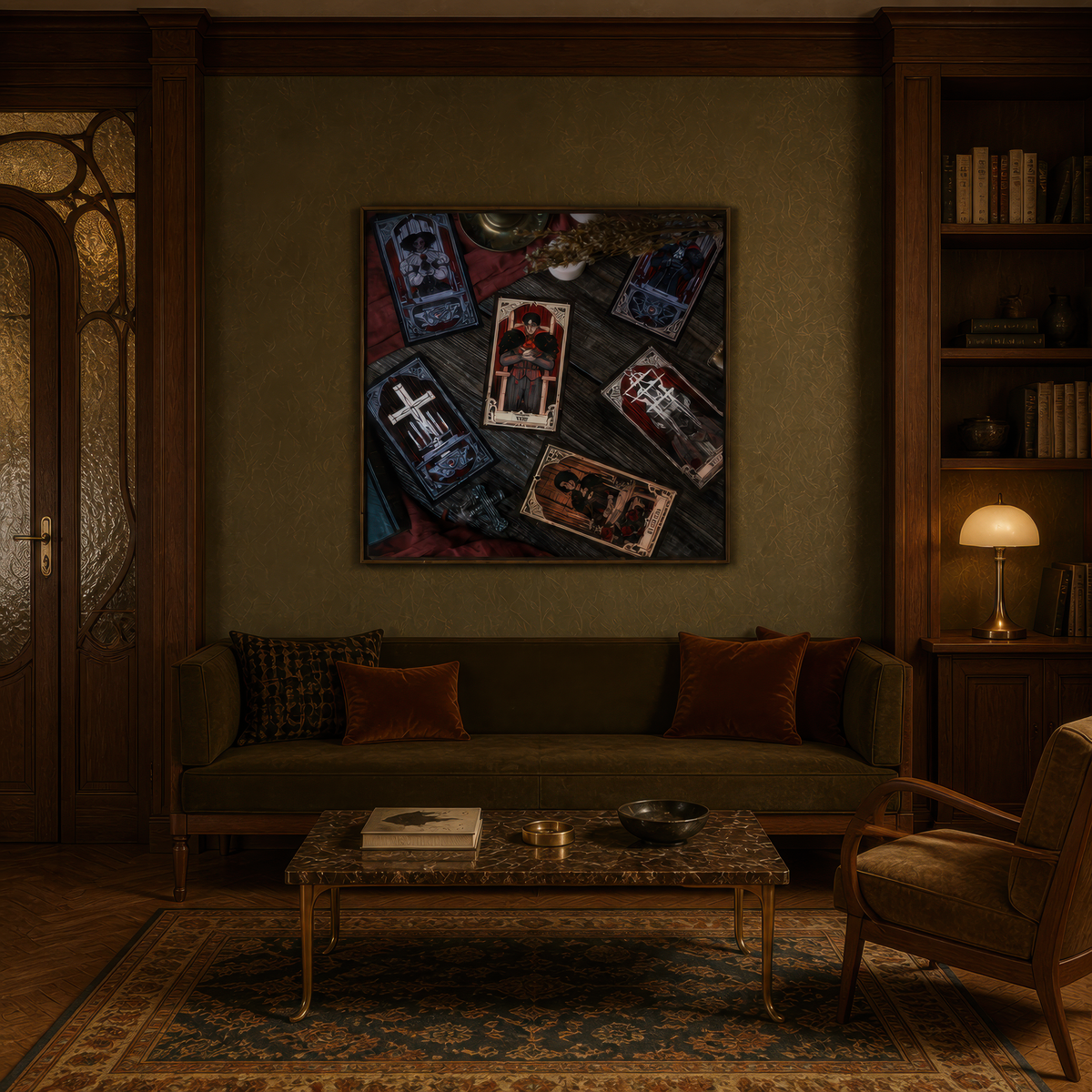 Gothic Tarot Cards on a Wood Table wall art print, alternate room view