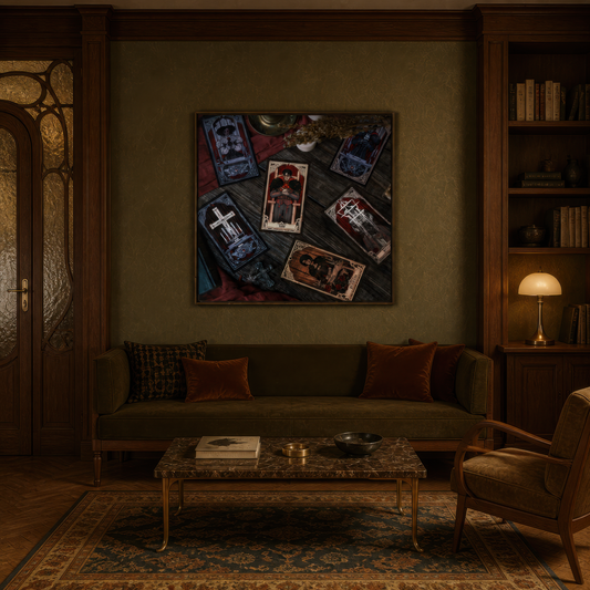 Gothic Tarot Cards on a Wood Table wall art print, alternate room view
