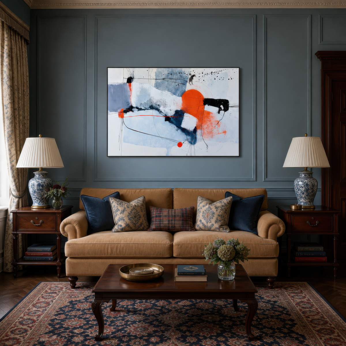 Large blue-gray and orange abstract artwork above a tan sofa on a slate blue wall