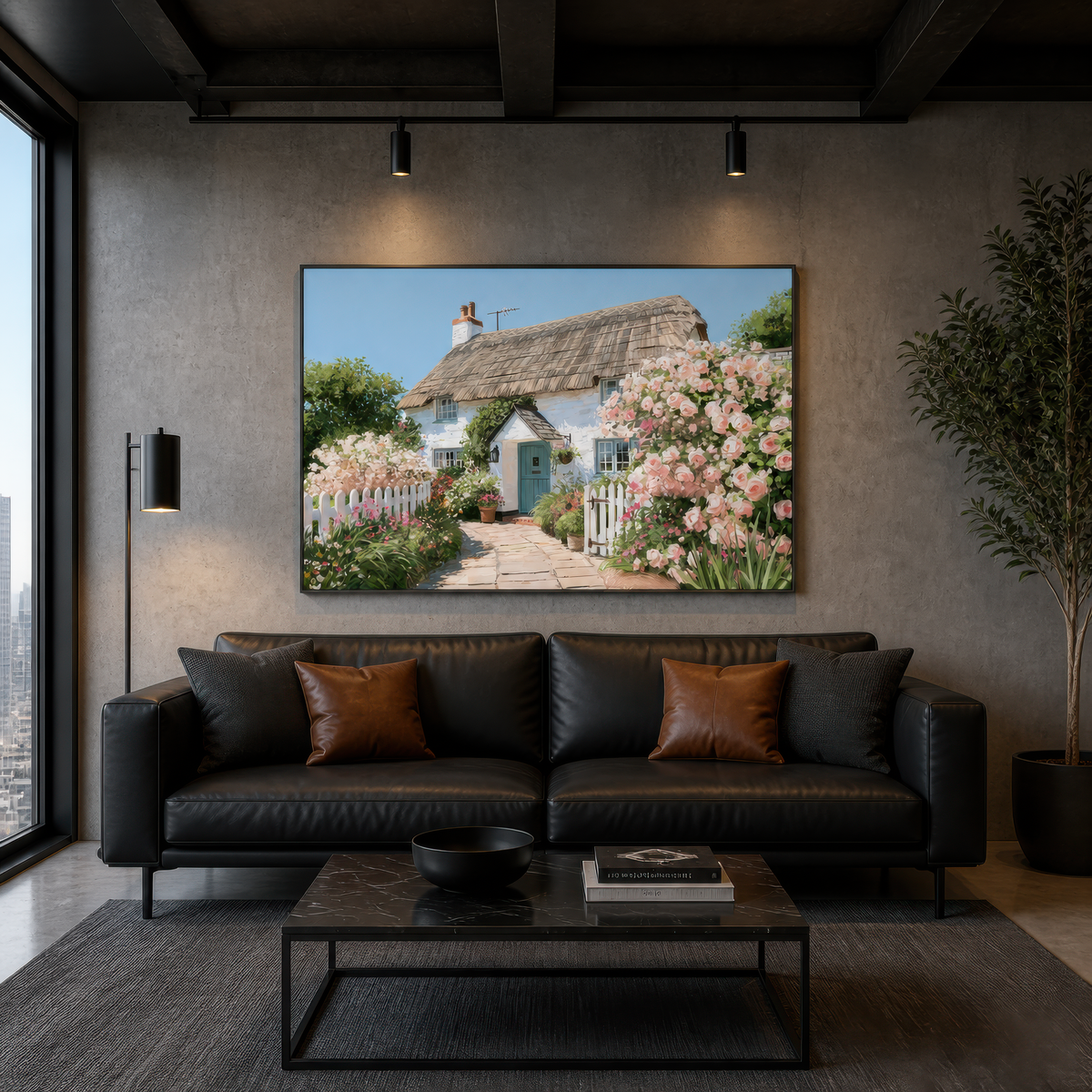 Rose garden cottage above a black leather sofa with cognac pillows on a grey concrete wall