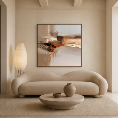 Square rust and black abstract artwork above a curved cream sofa with a paper floor lamp