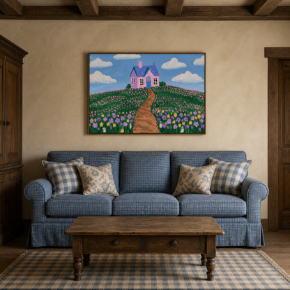 Pink hilltop cottage above a blue checked sofa with plaid pillows on a cream plaster wall