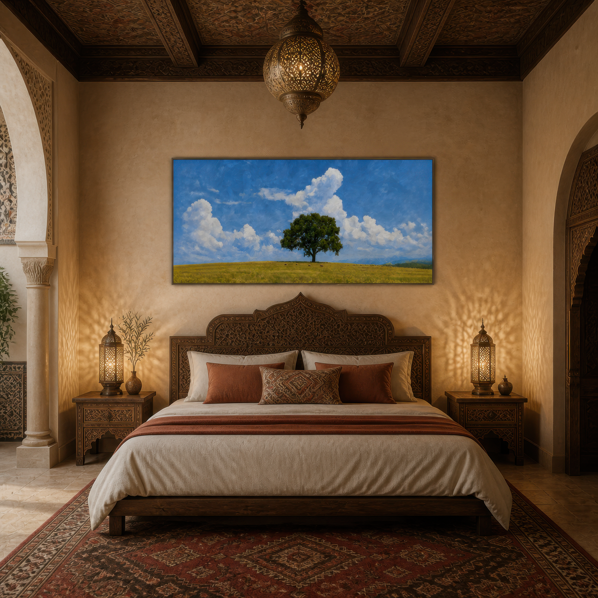 Lone tree in the field above a carved wood bed with cream bedding and a brass lantern pendant