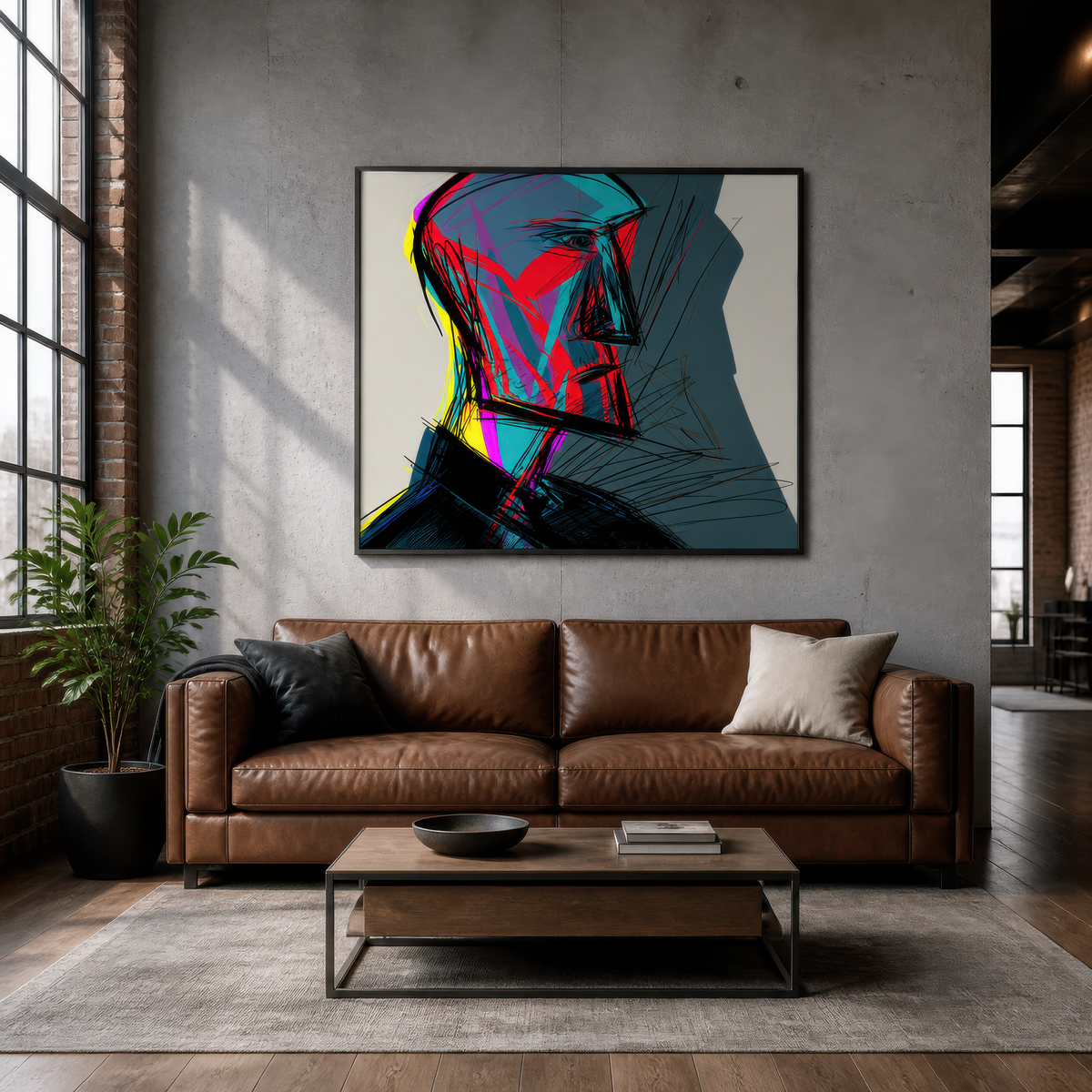 Red and Teal Profile Sketch wall art staged in a living room