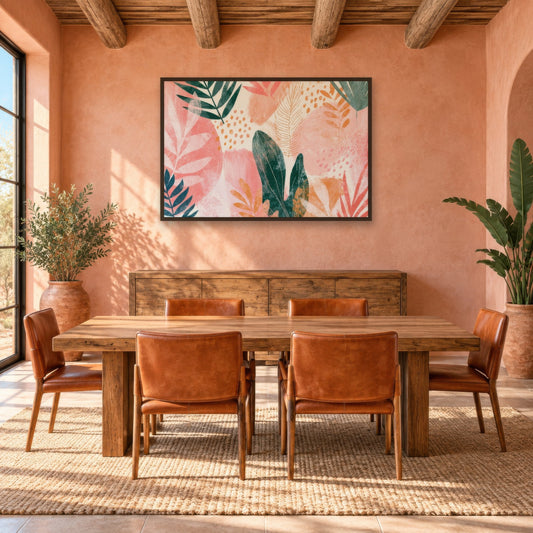 Tropical Leaves at Sunset boho wall art in a dining room