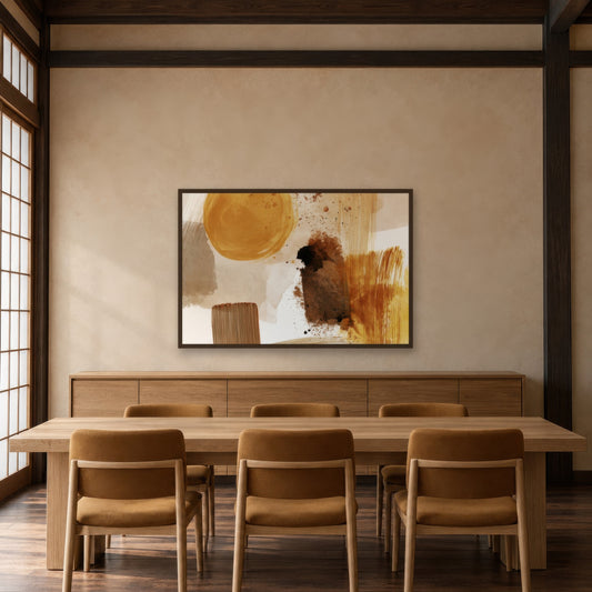 Golden Sun Abstract japandi wall art in a dining room