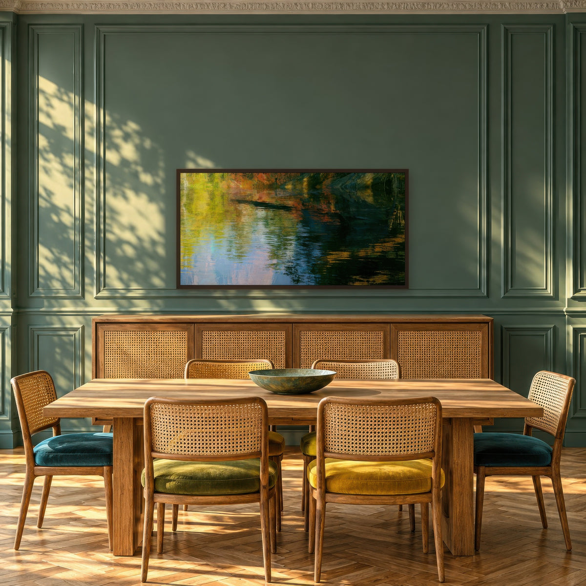 Golden Autumn Reflections impressionist wall art in a dining room