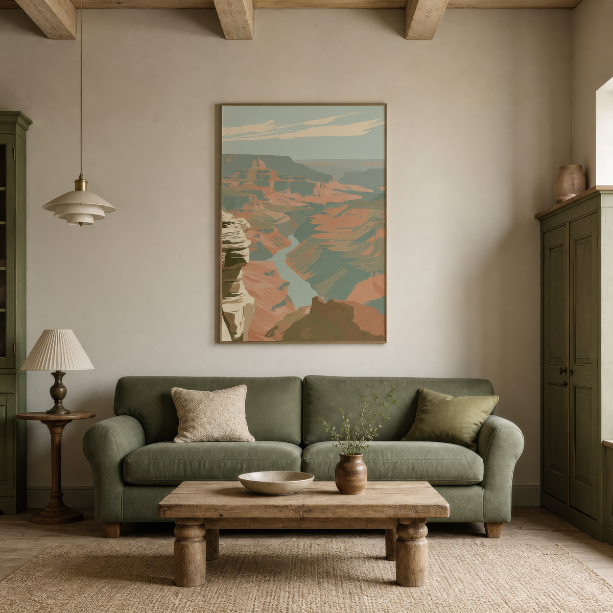 Cream limestone canyon above a sage green sofa on a cream wall with a pendant lamp