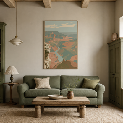 Cream limestone canyon above a sage green sofa on a cream wall with a pendant lamp