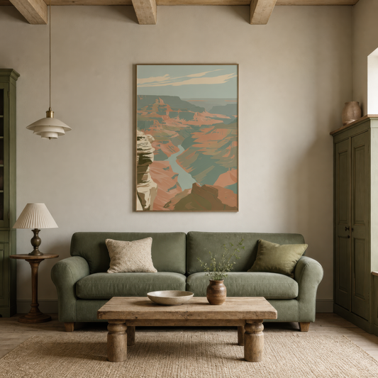 Cream limestone canyon above a sage green sofa on a cream wall with a pendant lamp