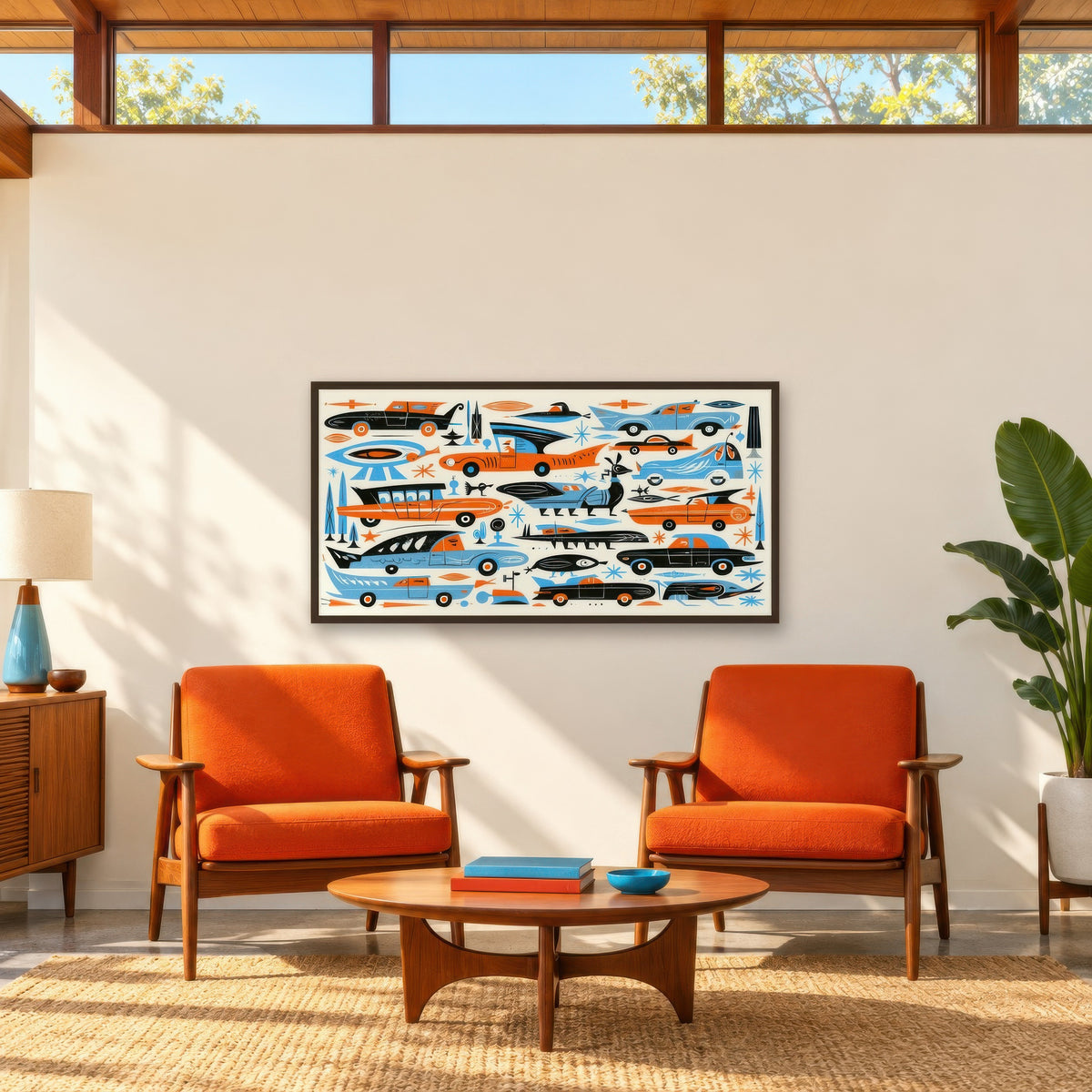 Retro Space Age Cars Pattern mid-century modern wall art in a den
