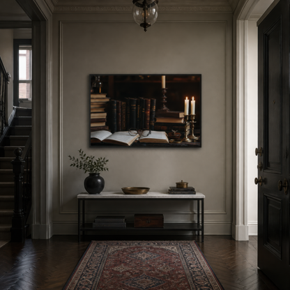 Candlelit folio above a black console in an entryway with a red Persian rug and dark door