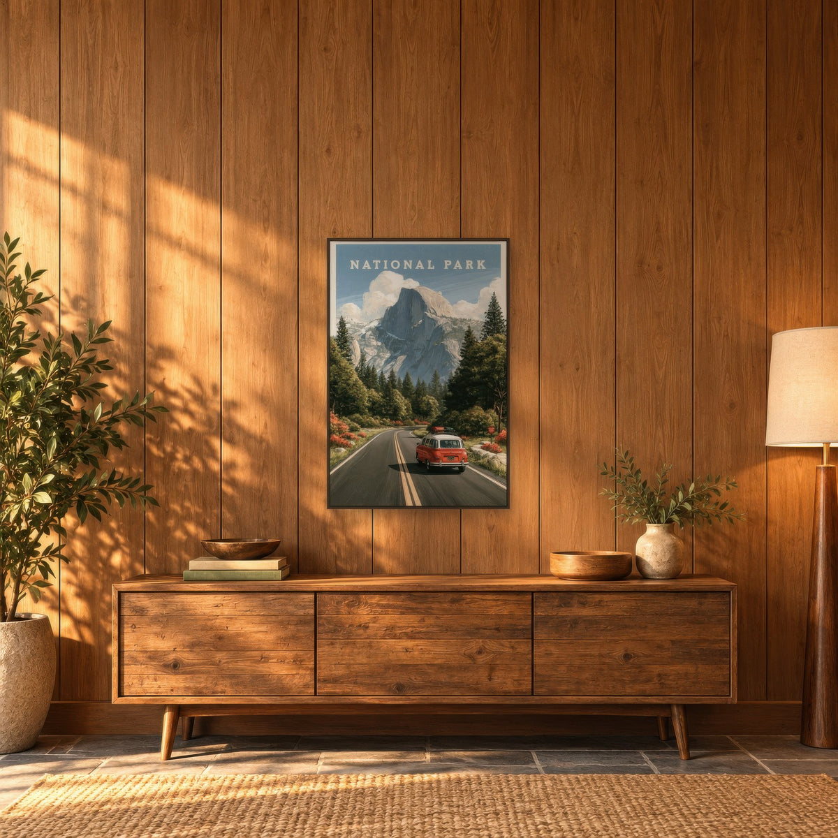 Half Dome Vintage Travel Poster national park wall art in an entryway