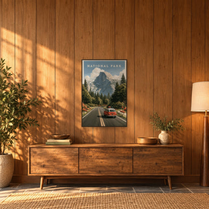 Half Dome Vintage Travel Poster national park wall art in an entryway